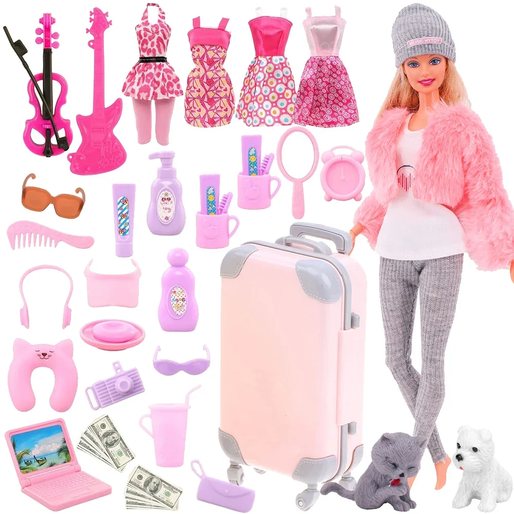 Pink 43 Pieces Barbies Doll Clothes Shoes Accessories Travel Suitcase Toys Fit 18Inch Barbies