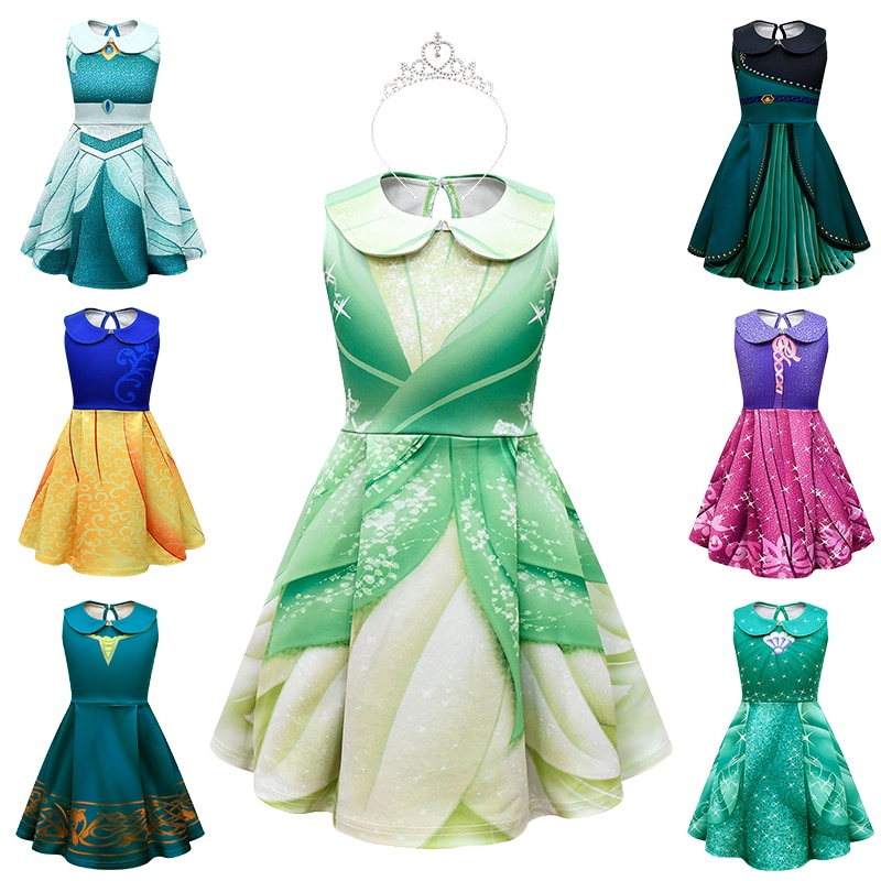 Halloween Cosplay Girl Rapunzel Ariel Anna Jasmine Braver Tiana Snow White Princess Dress Up Fairy Child Birthday Party Clothes