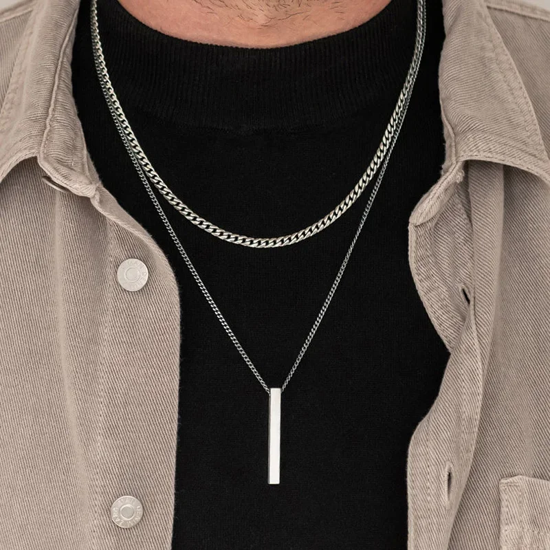 Vnox 3D Vertical Bar Necklaces for Men, Layering Stainless Steel Geometric Pendant, Layered Wheat