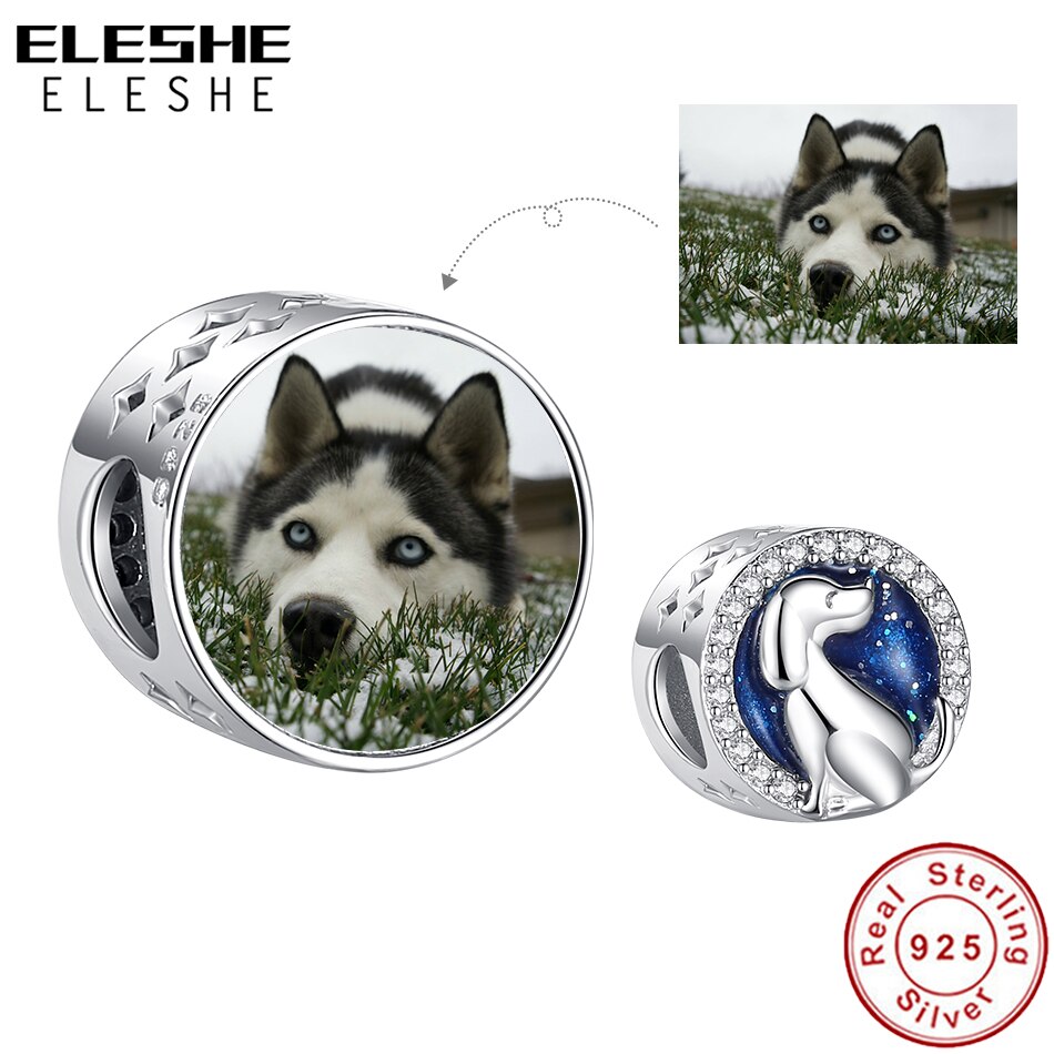 Personalized DIY Blue Enamel Night Sky Cute Dog Round Bead 925 Sterling Silver Custom Photo Charms Fit Bracelet Birthday Gift