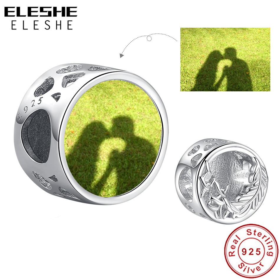 ELESHE Custom Photo Charm 925 Sterling Silver Feathers Hollow Round Beads Fit Original Bracelet DIY Women Fashion Jewelry