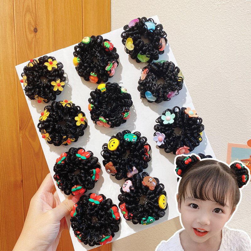 2 Pcs/Set Wig Girls HairBands Cute Cartoon Flower Elastic Rubber Bands Children Hair Ring Wig Hair Accessories HeadWrap Tiara
