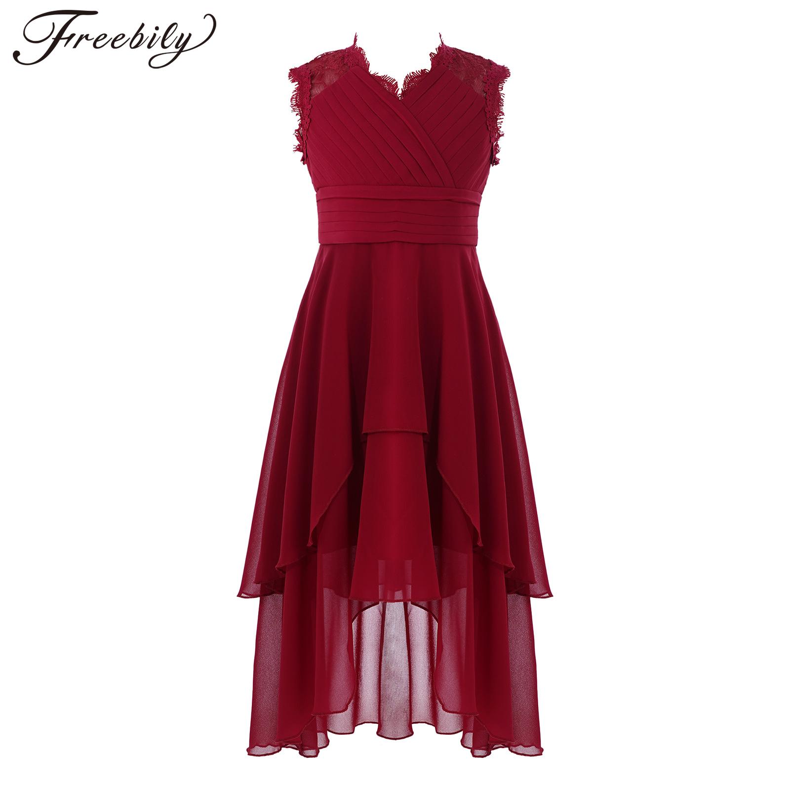 Party Tulle Dresses for Kids Girls Lace Sleeveless Patchwork Back Cut-Out Chiffon Dress Pleated V Neck Exquisite Birthday Dress