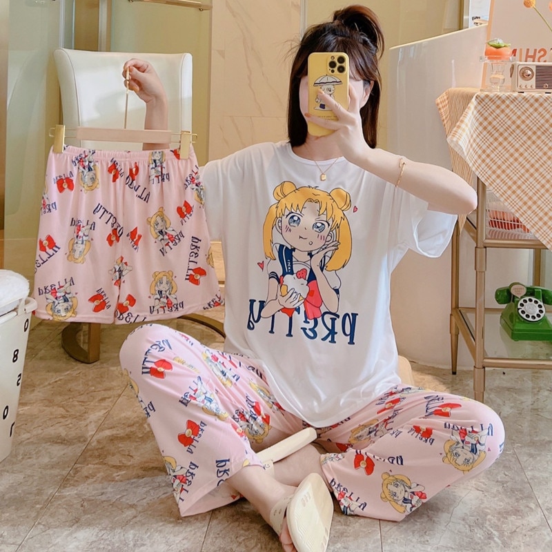 3pcs Set Women Pajamas Summer Short Sleeve Sleepwear Loose Pyjama Suits Kawaii Moon Girls Print Female Pijama Mujer Nightwear