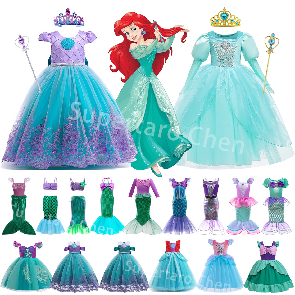 Girl Little Mermaid Princess Dress Ariel Cosplay Costume Kids Fancy Carnival Birthday Halloween Party Lace Dresses Clothing Gown