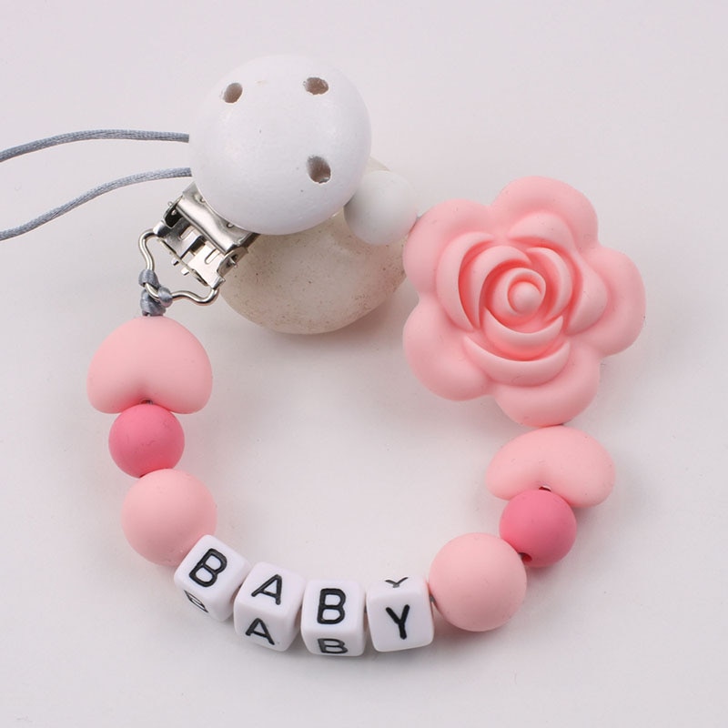 Personalized Name Flower Silicone Pacifier Holder Clip Chain DIY Teething Clip Chain Dummy Clips Gift
