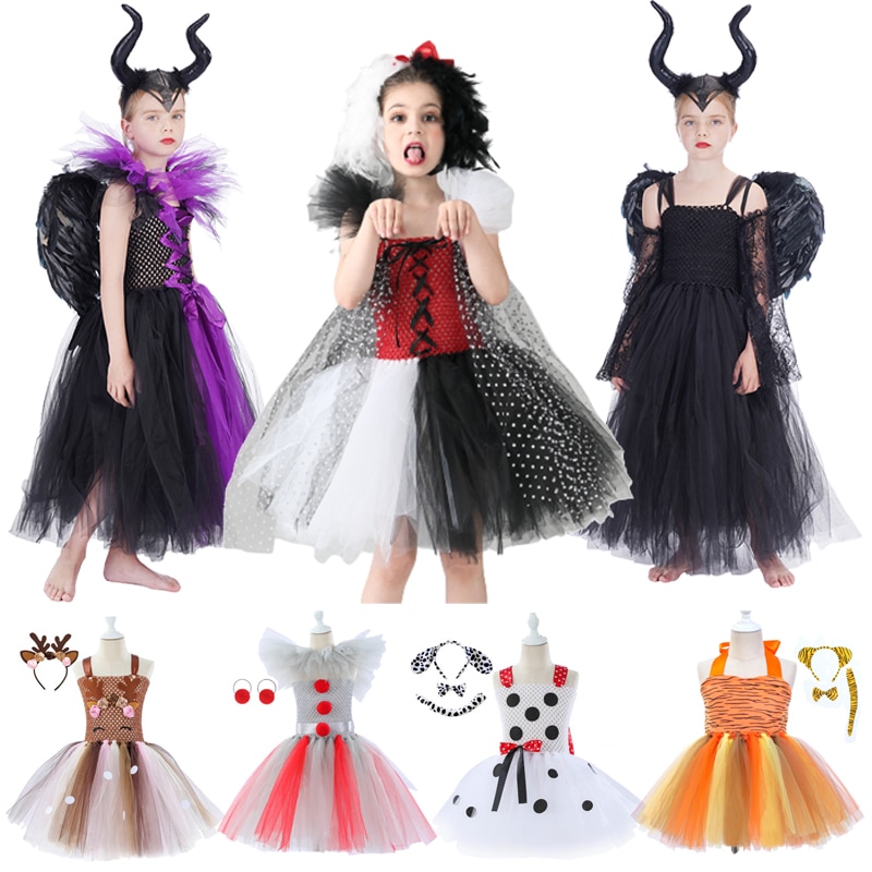 Disney Maleficent Cosplay Costume for Kids Cruella De Vil Halloween Party Baby Girl Dress Deer Animal Tutu Dress Clothes Outfits