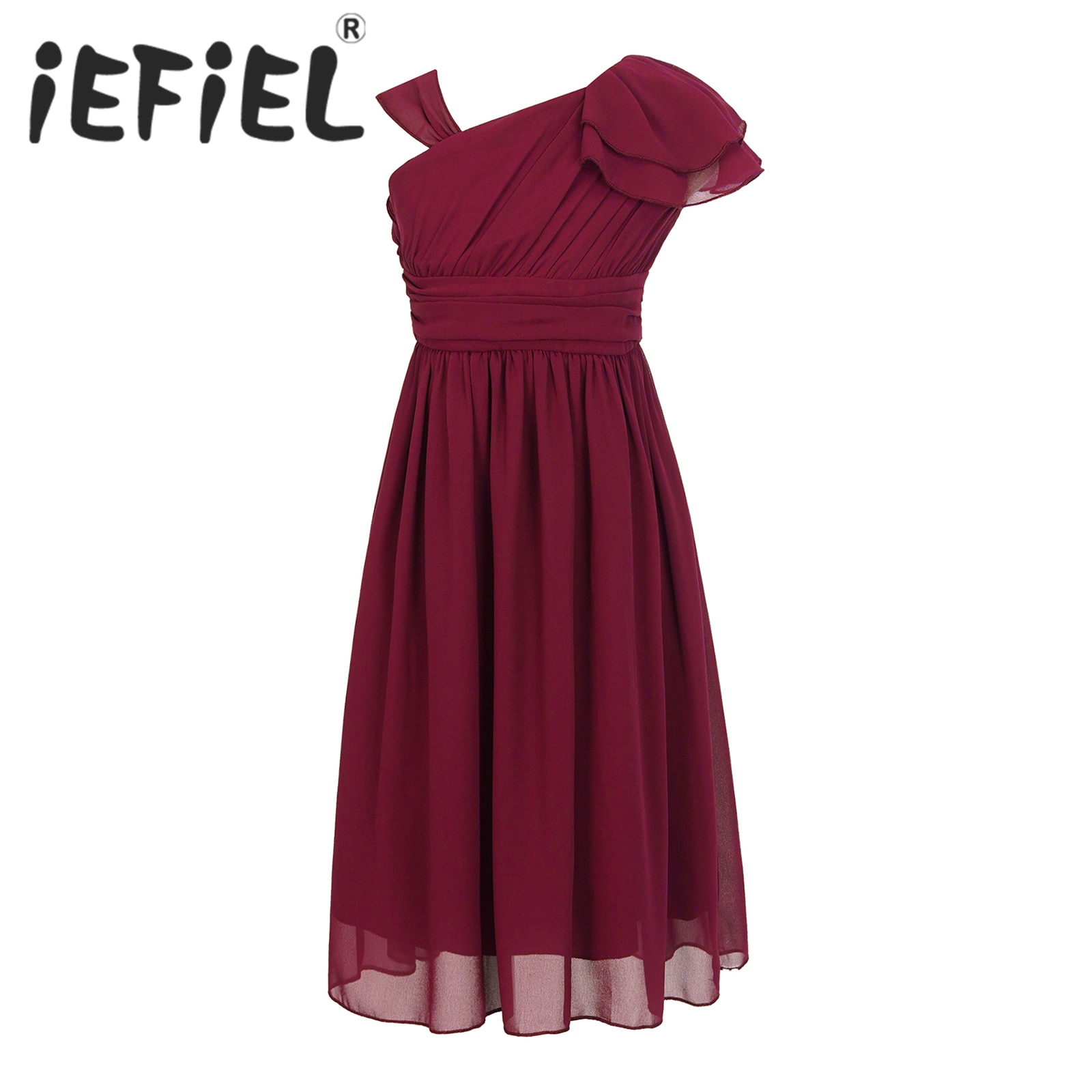 Flower Girls Chiffon Dress Children Ruffle Irregular Shoulder Pleated Birthday Party Tutu Dress for Wedding Bridesmaid Communion