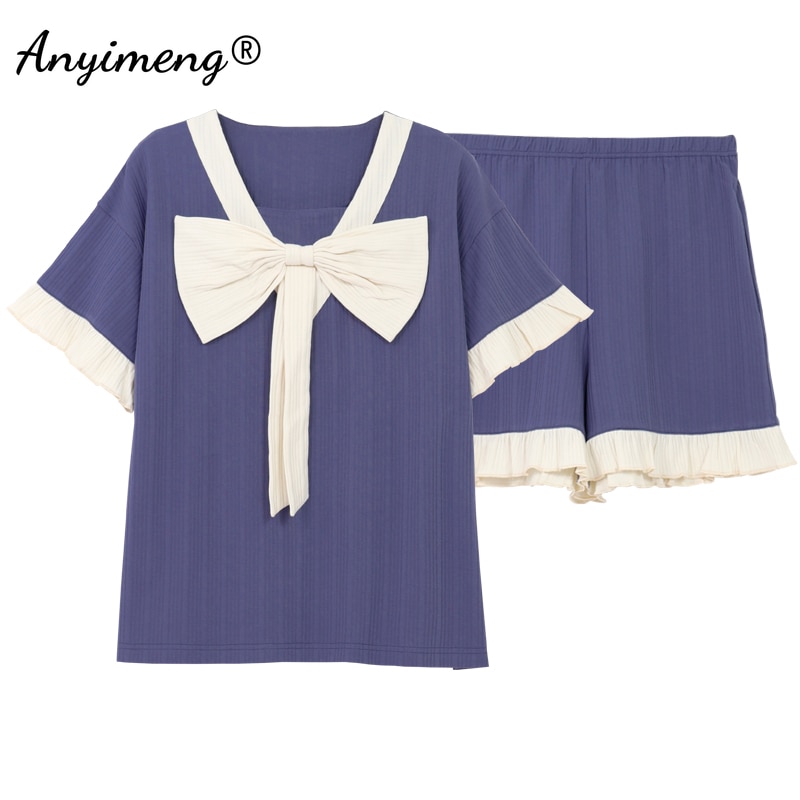 Princess Style New Summer Fashion Dark Blue Sleepwear Bow Decoration Shorts Chic Soft Cotton Girls Sleepwear Women Pajama Set