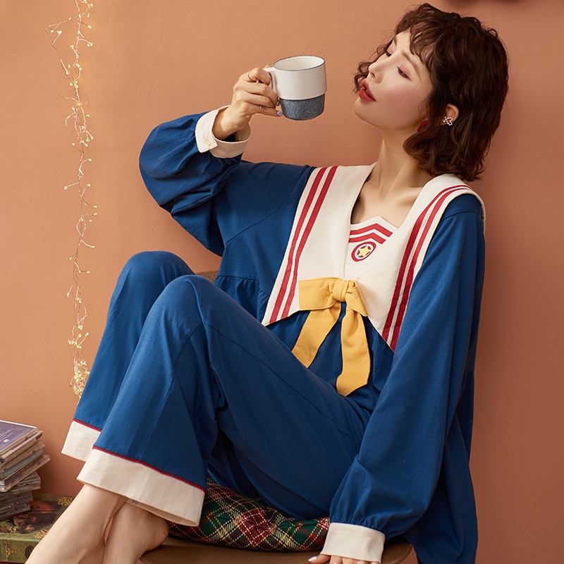 Princess Style Women Pajamas Set Sailor Collar Sakura Anime Pijama 4XL 5XL Luxury Cotton Home Clothes Long Sleeve Nightwear Suit