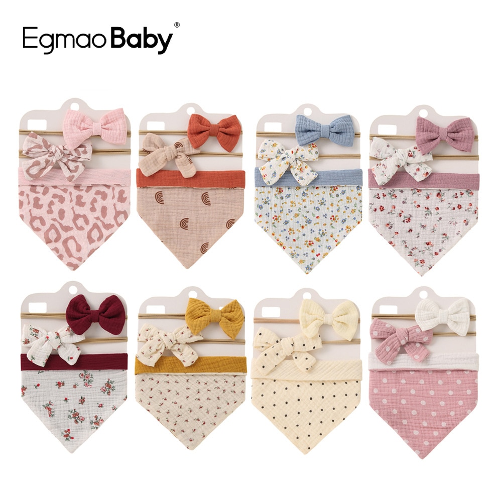 3Pcs/Set Muslin Cotton Baby Bibs Bow Headband Adjustable Button Triangle Saliva Towel Print Infant Boy Girl Feeding Burp Cloth