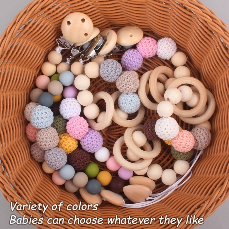 Cartoon Teething Bracelet Wooden Bead Pacifier Clips Soother Silicone Chewing Teether for Baby Newborn Teether Toys A2UB