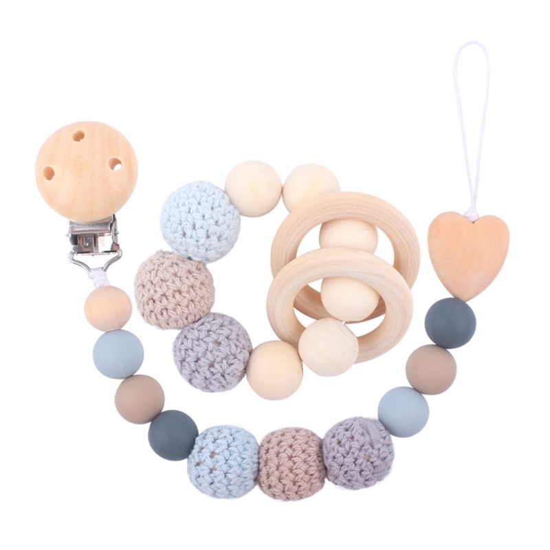 Q1FE Cartoon Teething Bracelet Silicone Wooden Bead Pacifier Clip for Baby Chewing Soother Chain Holder Babies Newborn