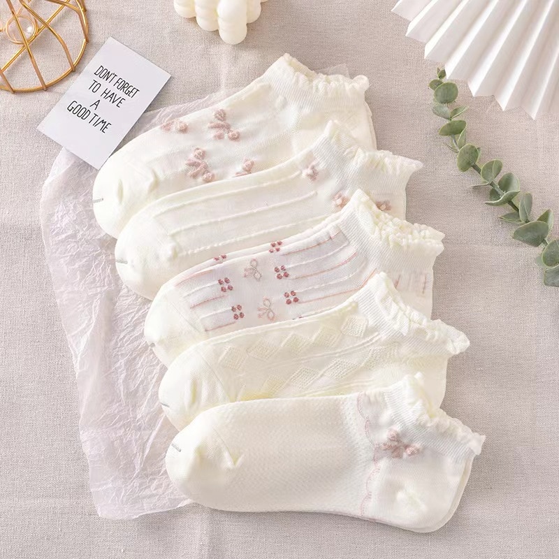 5pair /Lot Ankle Socks for Women Crew Colorful No Show Low Cut Invisible Cotton Thin Non-slip Silicone Breathable Walking White