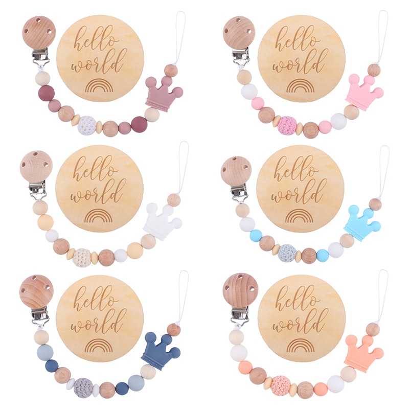 Baby Pacifier Clips with Hello World Sign Silicone Beads Wooden Pacifier Chain Infant Soother Chain Clips Dummy Nipple Holder