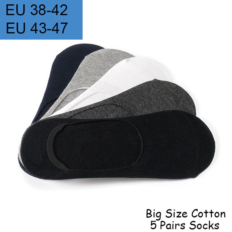 5 Pairs Mens Boat Socks Summer Large Plus Size 38-47 Non-slip Silicone Invisible No Show Sock Slippers Cotton Black Sporty Meias