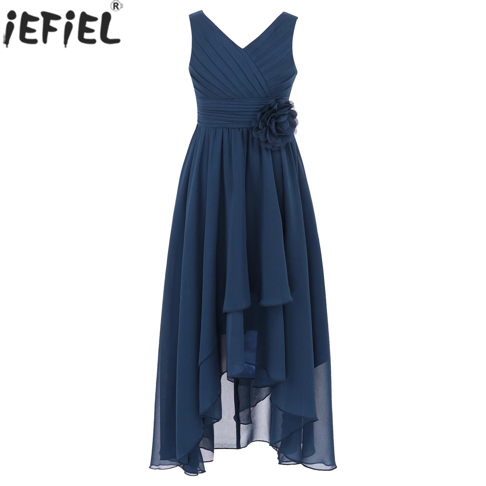 Kids Chiffon Flower Girls Dress Princess Clothing Sleeveless Pleated High-low Maxi Tutu Wedding Bridesmaid Birthday Party Dress