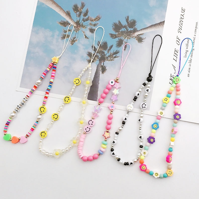 Beautiful Flowers Star Beads Phone Chain Lanyard for Women Acrylic Smile Pearl Smile Phone Case Strap Charm Jewelry Accessories