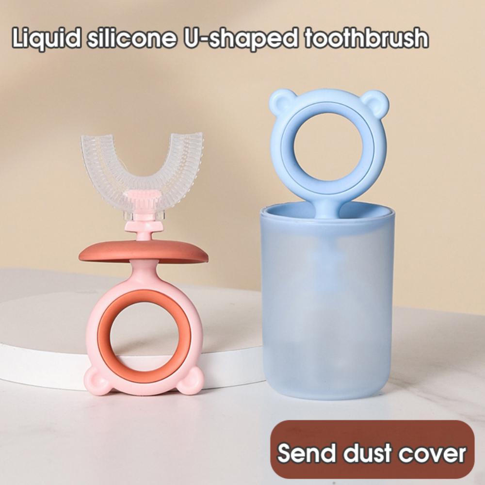 Silicone Kids Toothbrush U-Shape 360° Children's Toothbrush WIth Cup Dustproof Cover Baby Teether Oral Cleaning Baby Dental