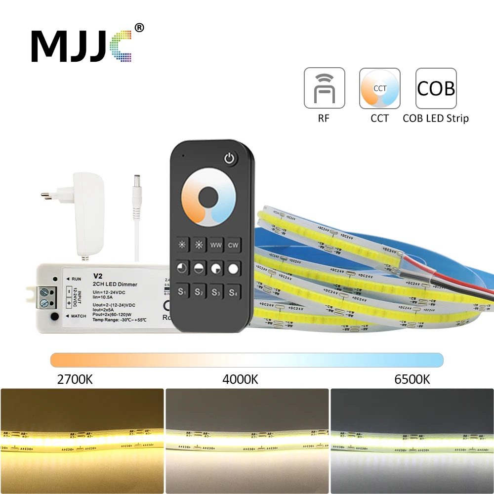 Dimmable CCT COB LED Strip Light RF Wireless Remote Kit 1M 2M 3M 4M 5M 24V 608 Chips WW CW Flexible