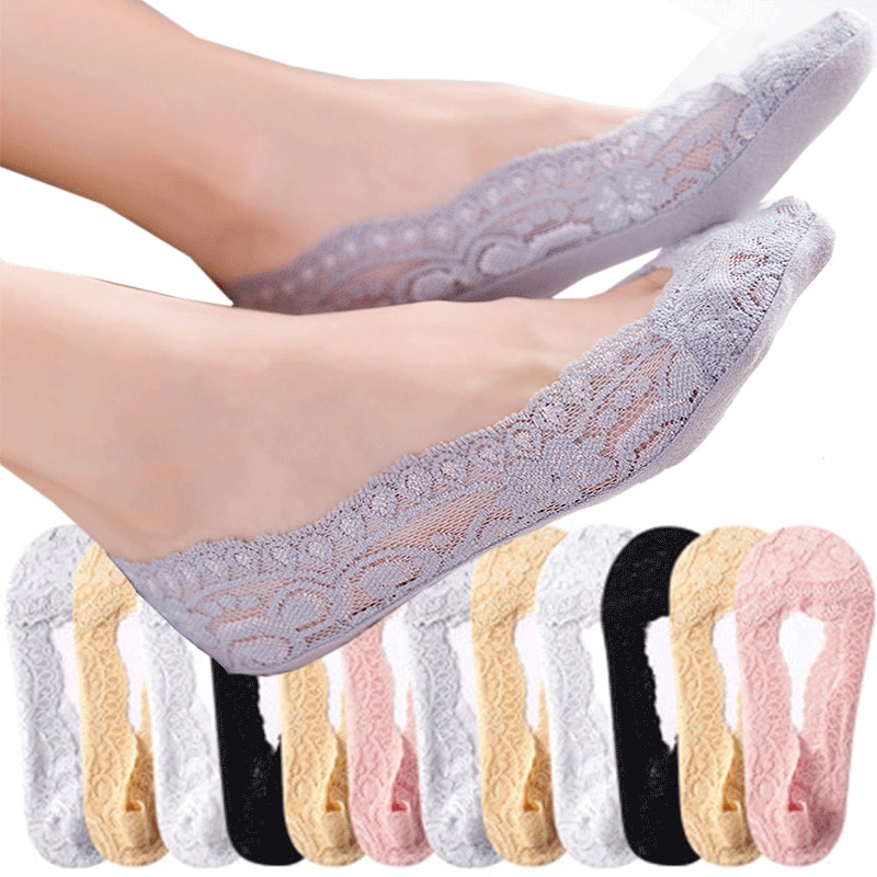 5 pairs Women Fashion Cotton Invisible Anti-slip Ankle Socks Lace Sock Women Invisible Socks Girls No Show Sock Non-slip