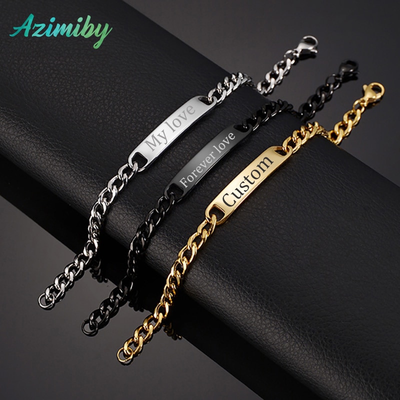 Azimiby Engraving Name Custom Women Men Bracelets Punk Stainless Steel Thick Cuban Chain Customized Couple Boyfriend Jewelry