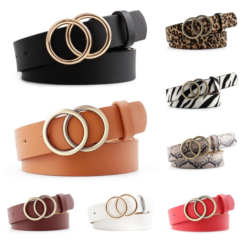 Double ring women's belt fashion belt PU leather metal buckle belt ladies casual wear jeans wild belt