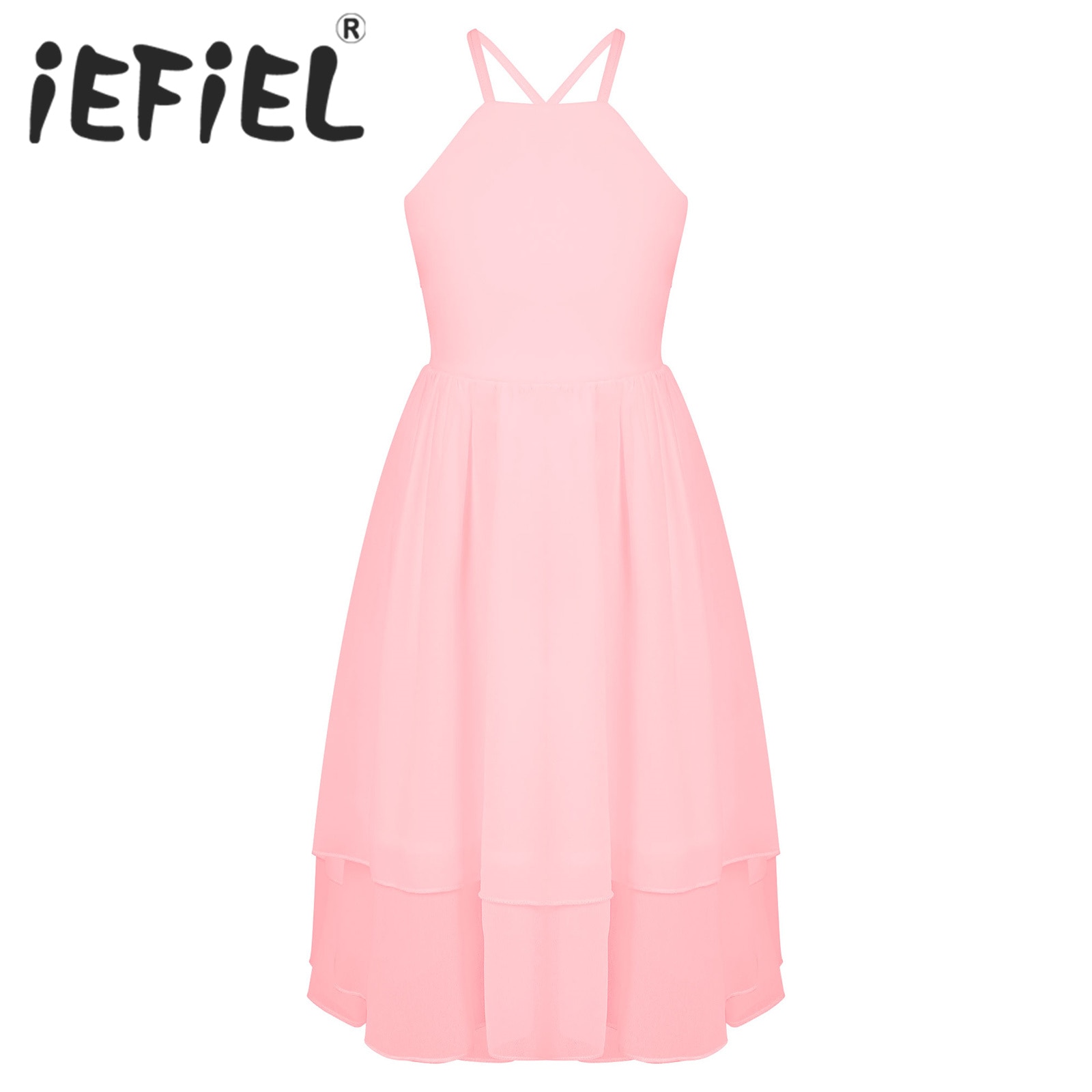 Girls Summer Chiffon Dress Children Solid Color Sleeveless Backless Lace-up Tiered Hem Formal Dress for Birthday Christening