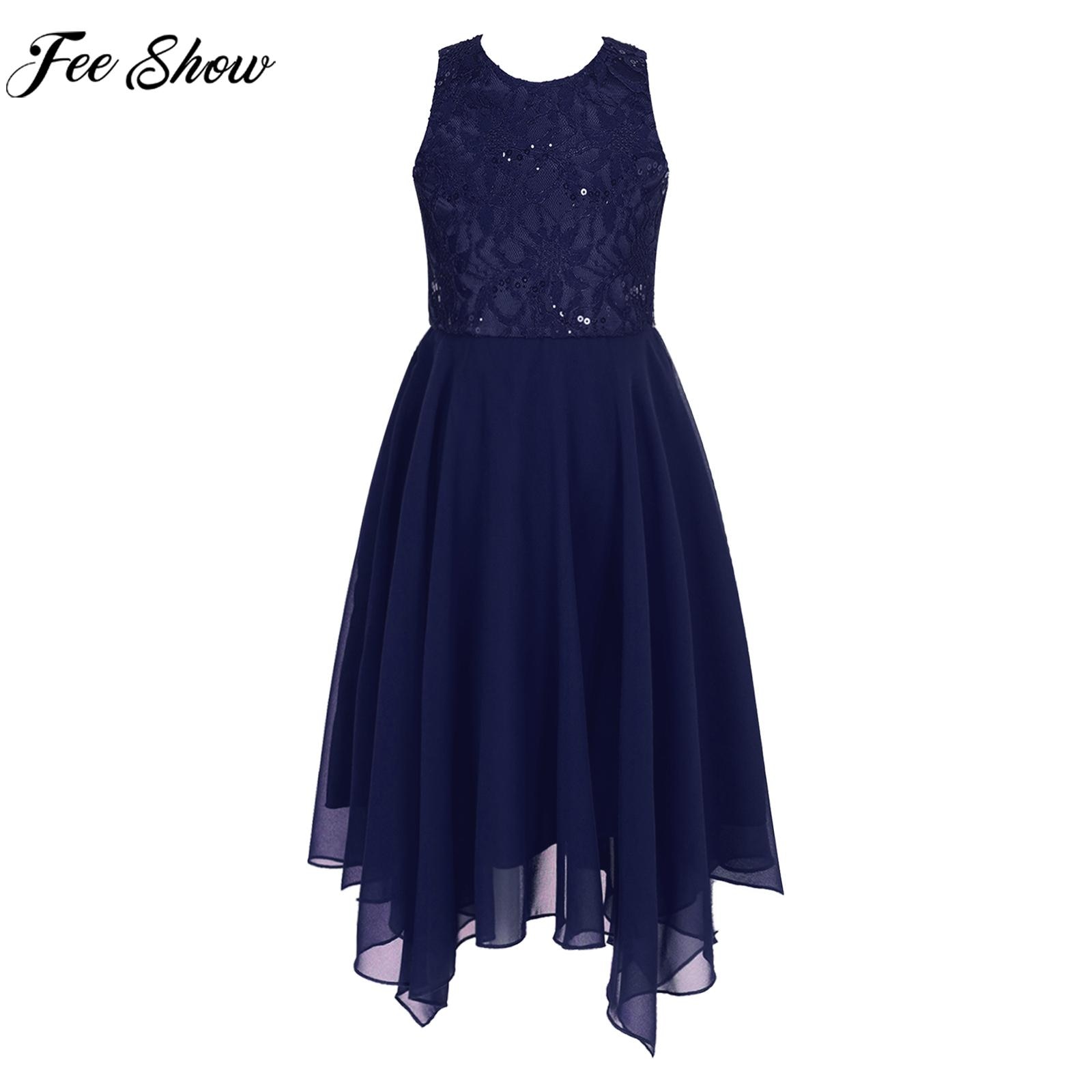 Teens Girls Summer Sleeveless Princess Dress Asymmetrical Hem Lace Chiffon Evening Wedding Bridesmaid Birthday Party Dresses