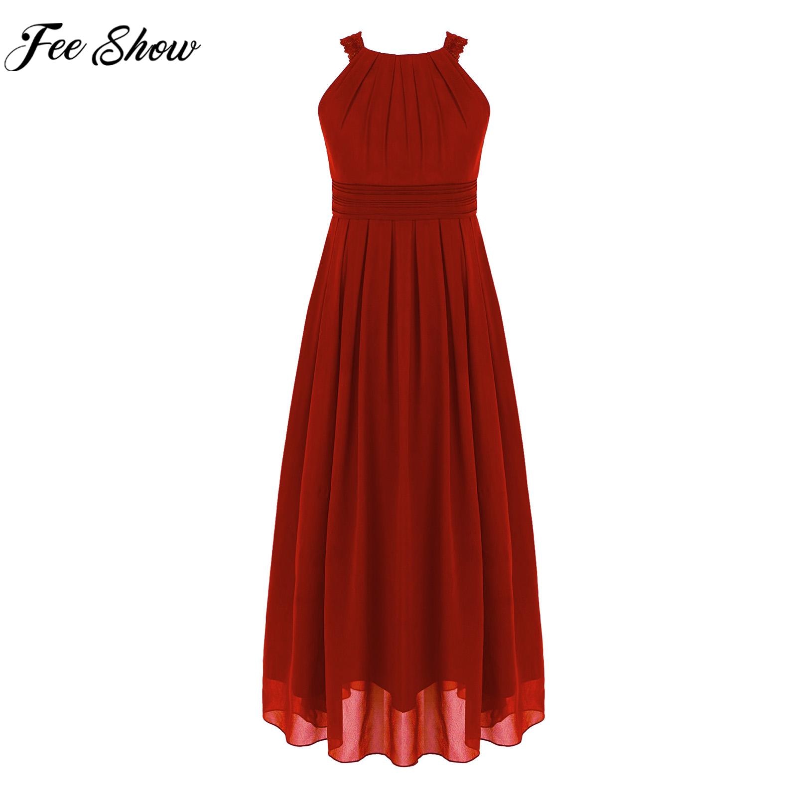 Children Flower Girls Wedding Bridesmaid Dresses Elegant Lace Chiffon Sleeveless Ruched Maxi Princess Birthday Party Dresses
