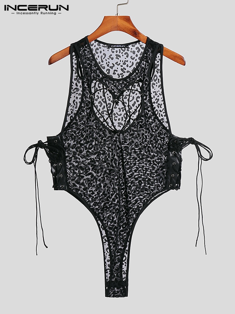 Men Bodysuits Leopard Print Hollow Out 2022 Sleeveless Mesh Lace Up Rompers Bodysuit Transparent Sexy Underwear S-5XL INCERUN 7