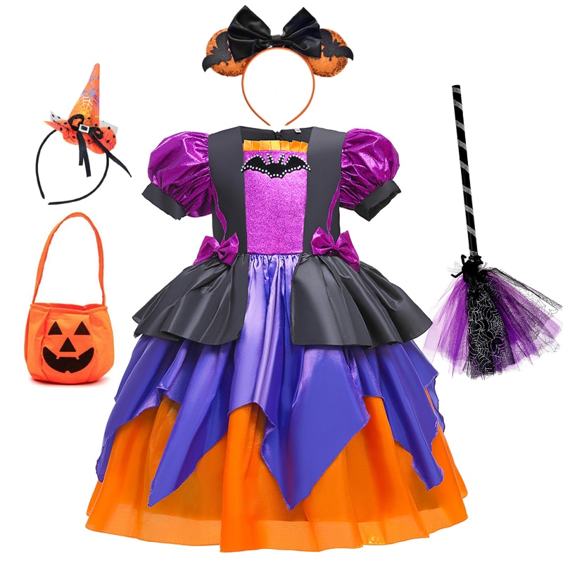 New Baby Girls Halloween Party Cosplay Costume Kids Witch Vampire Princess Dress Children Puff Sleeve Bow Performance Clothing