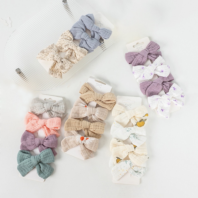 Muslin Baby Bows Hair Clips Girls Floral Print Hairpin For Kids Princess Barette Toddler Side Pins Duckbill Clip Headwear 4Pcs