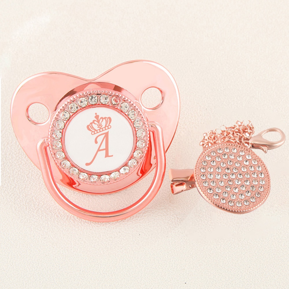 Luxury 26 Name Initials Shiny Rose Gold Baby Pacifier With Chain Clip BPA Free Solicone Orthodontic Pacifier Baby Shower Gift