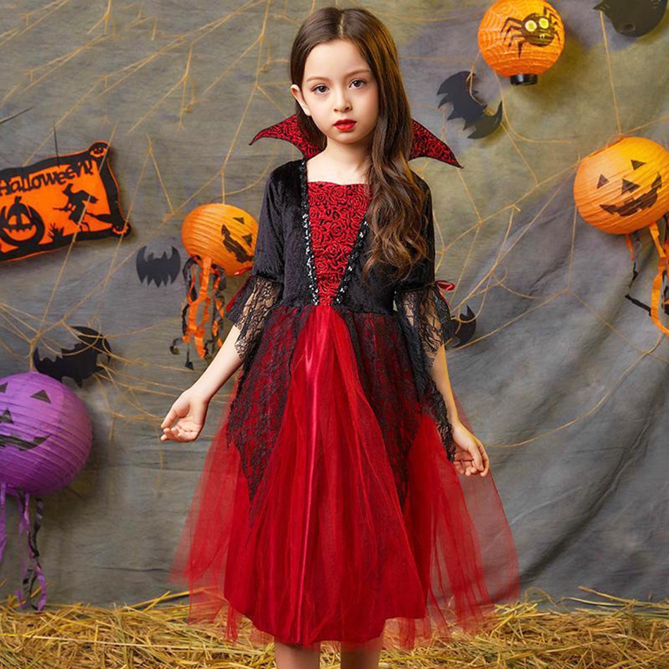 2023 New Girls Halloween Party Princess Dress Children Vampire Cosplay Costume Kids Novelty Mesh Performance Clothing Ball Gown