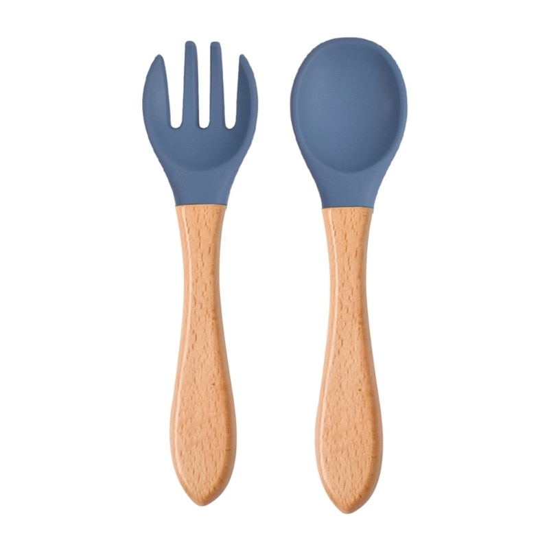 Bopoobo 2PCS Baby Bamboo Fork Silicone Wooden Baby Feeding Spoon Toddlers Infant Feeding Accessories Organic BPA Free Food Grade