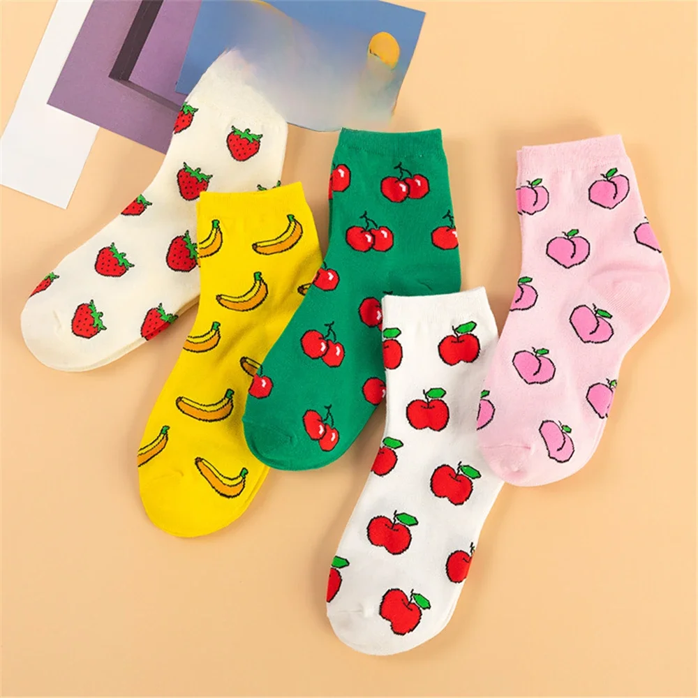 Creative Funny Cotton Women Socks Happy Fruit Peach Strawberry Banana Cherry Apple Cute Bright Color
