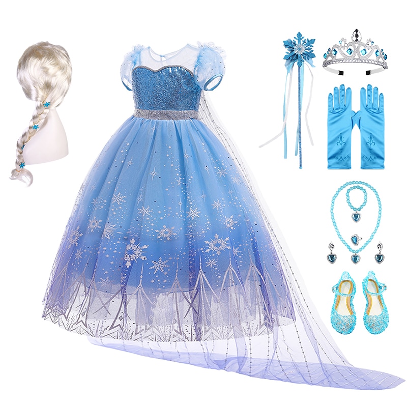 HOT Fantasia Snow Queen Floor Length Elsa Dress for Girls Charm Child Princess Tulle Birthday Party Ball Gowns Halloween Costume