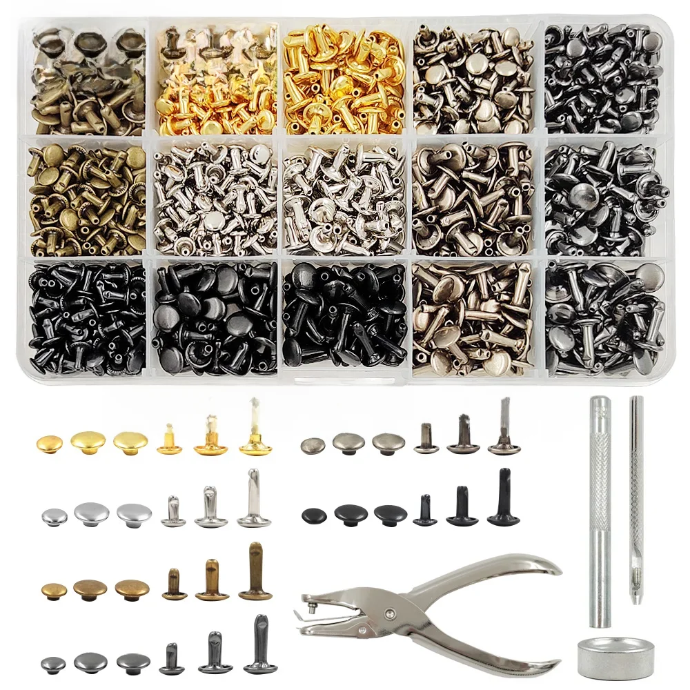 Metal Double Cap Rivets Stud Round Nail Spike With Tool Kits For Leathercraft Repair Shoes Bag Belt