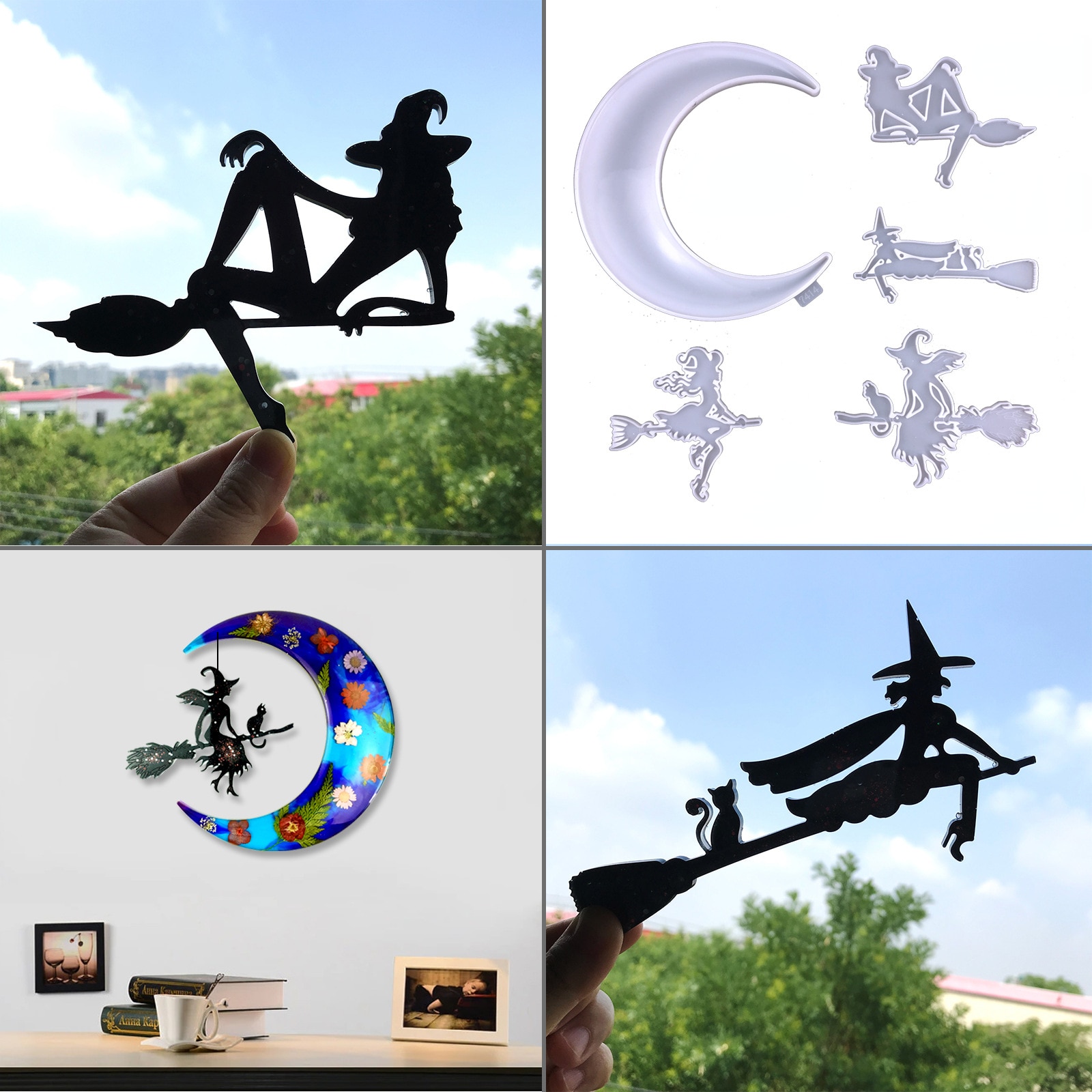 DIY Halloween Moon Epoxy Resin Mold Halloween Series Broom Witch Moon Pendant Decorative Silicone Mold