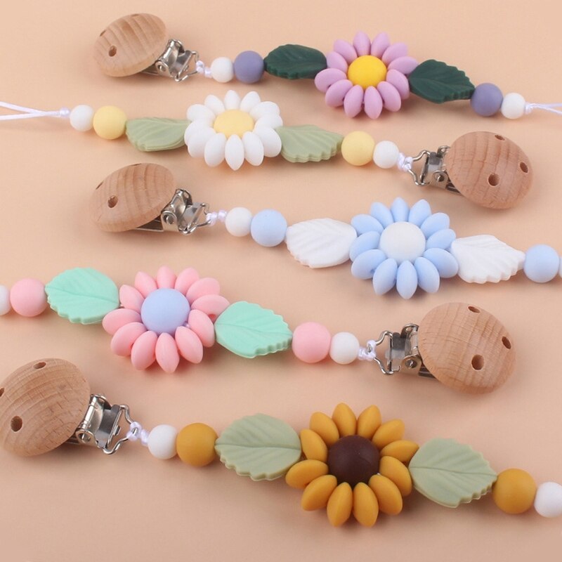 1pc Food Grade Silicone Baby Pacifier Clips Colorful Rose Silicone Beads Teether Holder Beech Wood Newborn Nipple Clip