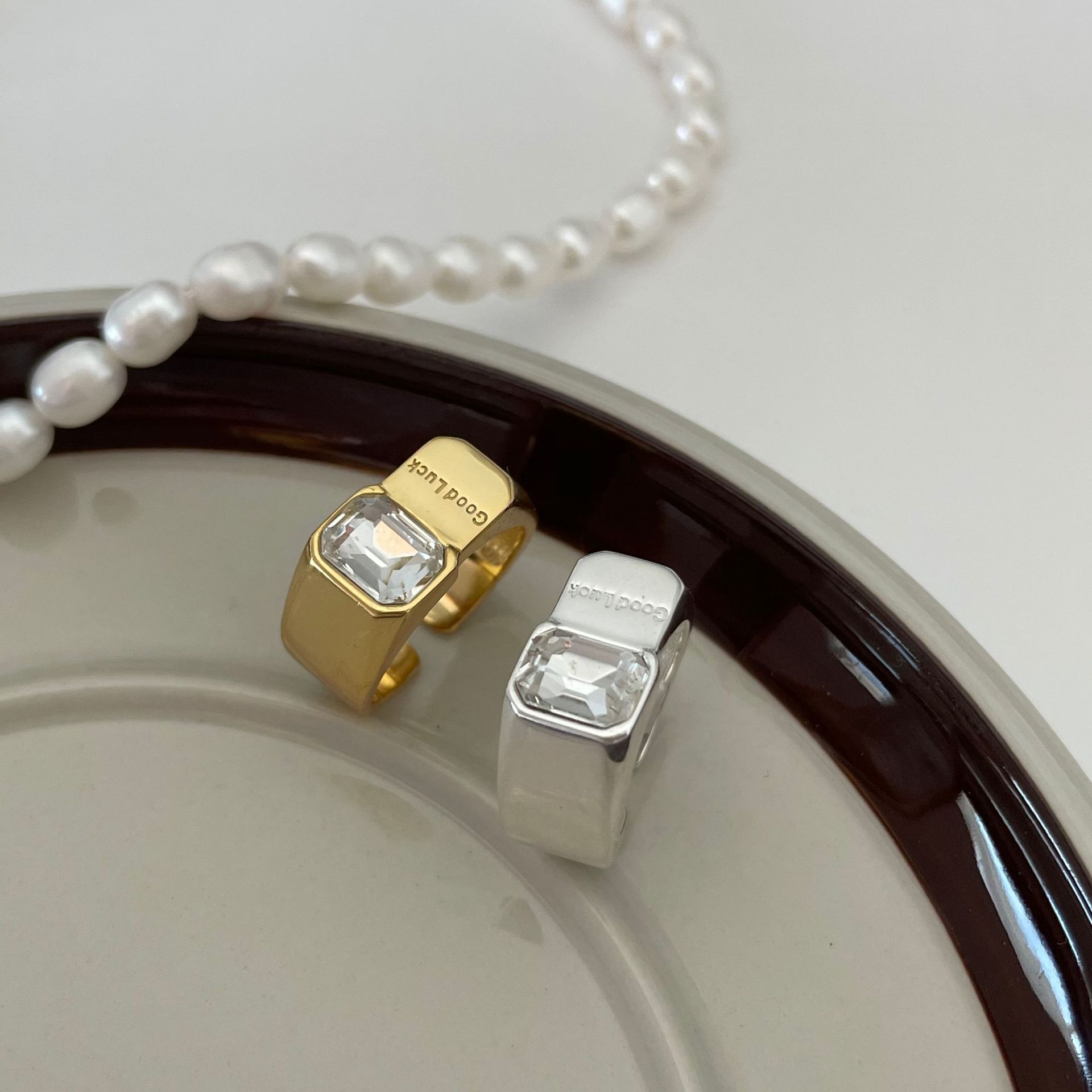 18K Gold Authentic S925 Sterling Silver Jewelry "Good Luck" Engraved Square CZ Geometric ring Adjust Gift C-J1788