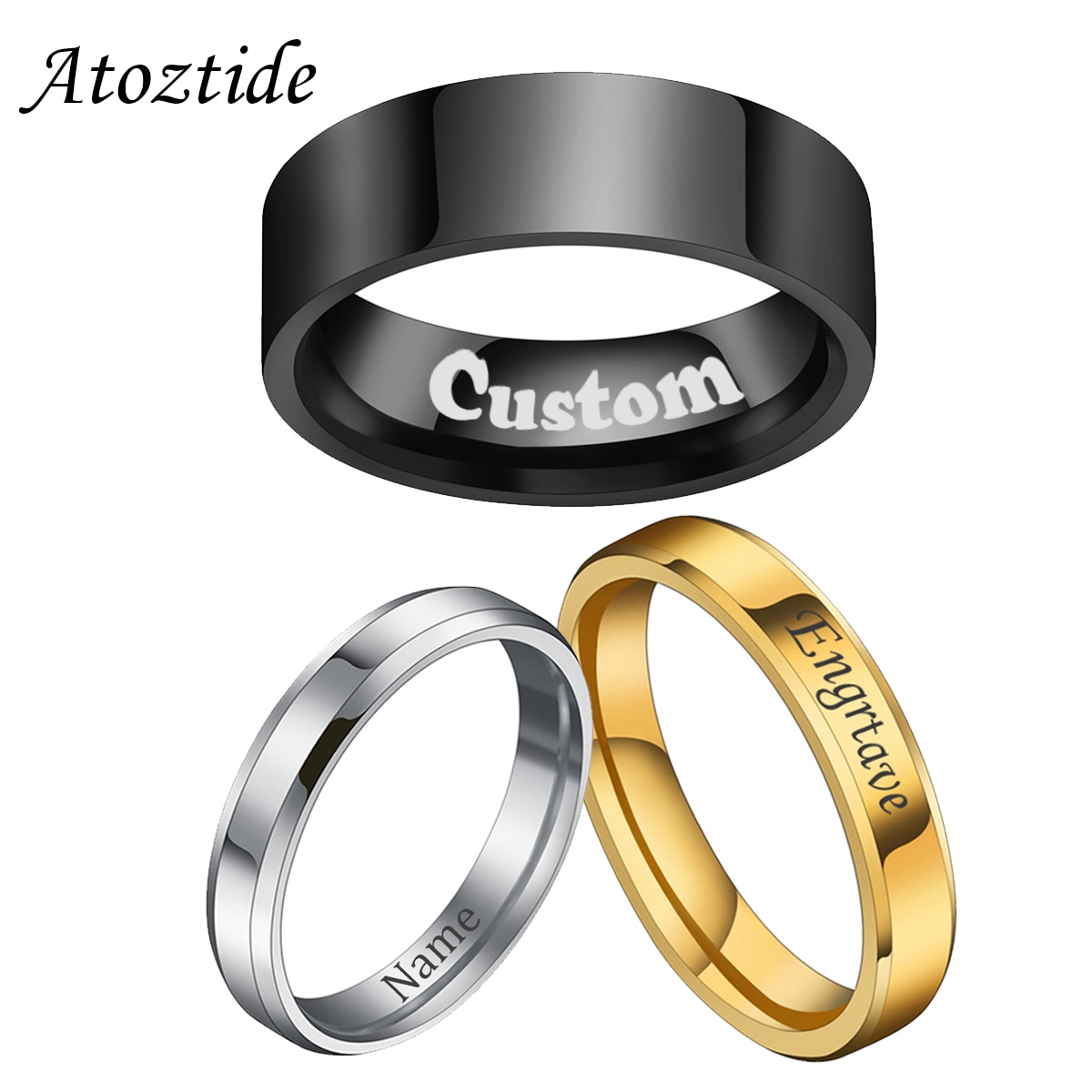 Atoztide 4/6/8mm Personalized Engrave Name Date Rings for Women Gold Color Stainless Steel Custom Heart Couple Jewelry Gift