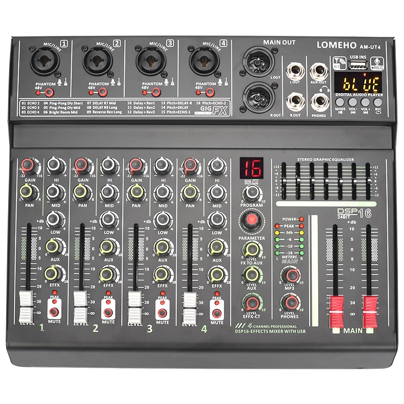 70mm Fader Audio Mixer 4 Channel 7 Band EQ 16 Effects Mixing Console Individual 48V USB Play Record Sound Table AM-UT4