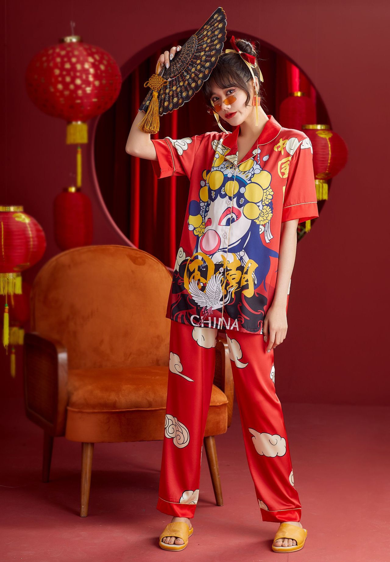 Imitation Silk Women's Short Sleeve Chinese National Trend V-Neck Pajamas Set