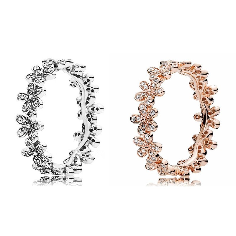 Authentic 925 Sterling Silver Sparkling Rose Dazzling Daisy With Crystal Ring For Women Wedding Party Europe Fashion Jewelry
