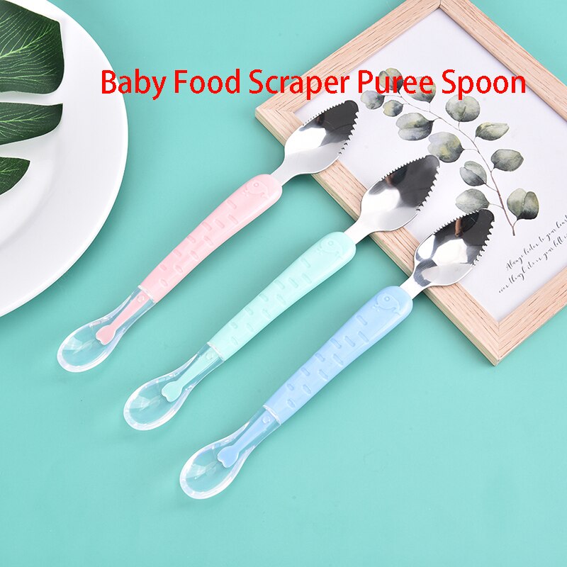 Baby Food Scraper Spoon Stainless Steel Puree Spoon Multifunctional Double-headed Mud Scraper Fruit Food Supplement Tableware
