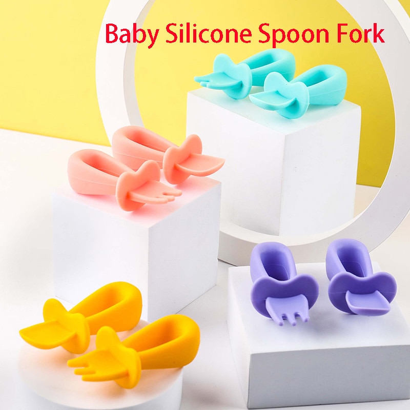 2PCS Silicone Spoon Fork for Baby Utensils Set Auxiliary Food Toddler Learn To Eat Training Bendable Soft Fork Infant Tableware