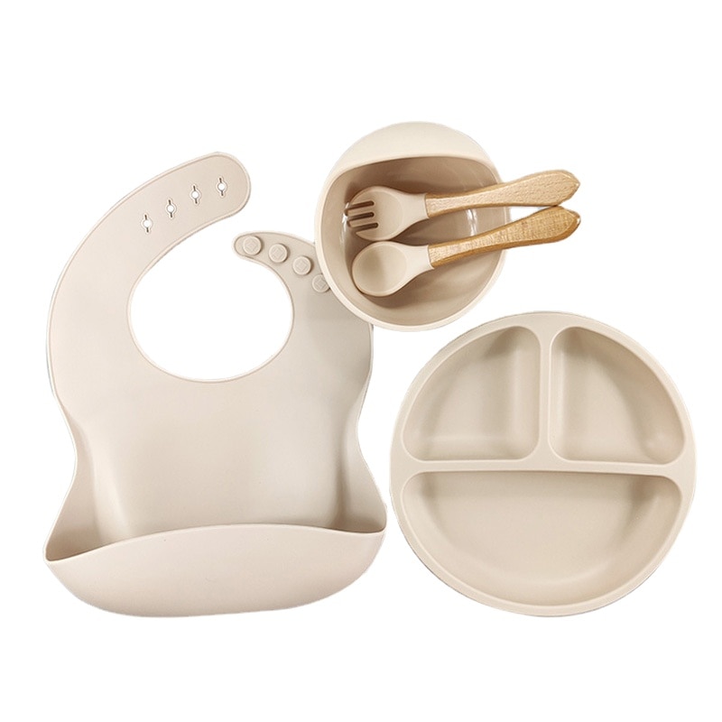 5Pcs Baby Silicone Tableware Set BPA Free Suction Bowl Divided Plate Spoon Fork with Wood Handle Plate Waterproof Bibs Infants