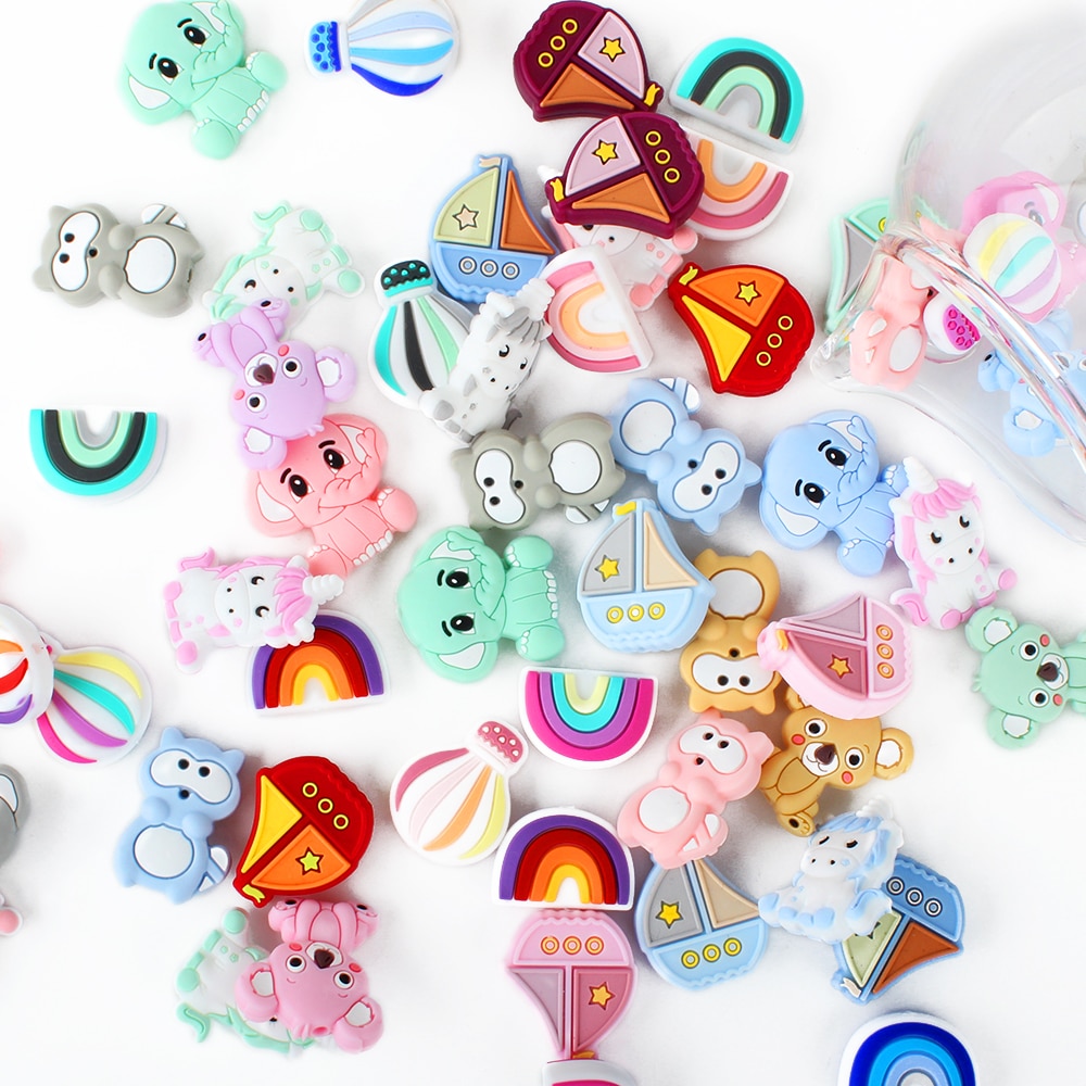 10pcs Cartoon Animals Baby Silicone Beads Letters Koalas Pearl Beads Food Grade Teething Teether Bead Pacifier Chain Toys
